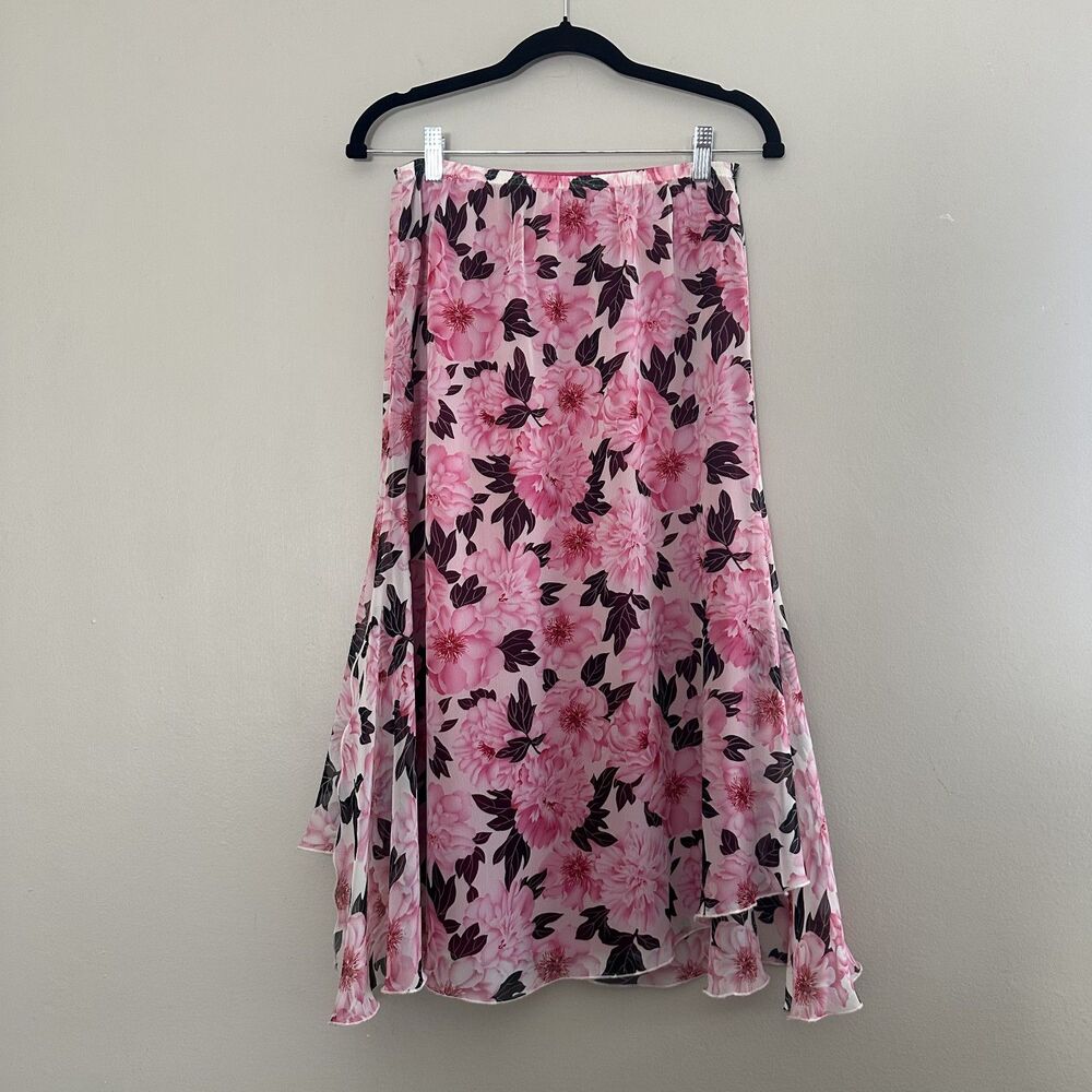 Vintage Y2K Fairy Pink Asymmetrical Floral Whimsical Chiffon Skirt Size Small 4